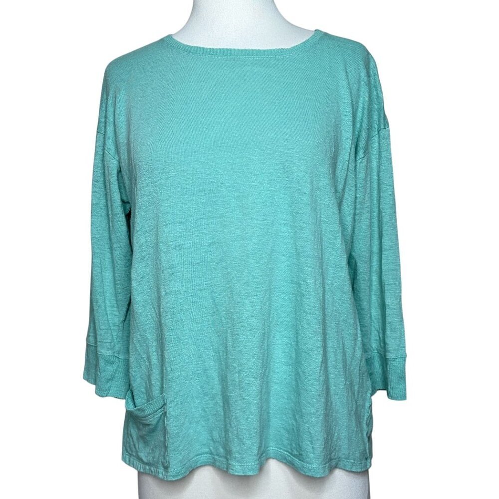 Eileen Fisher Women’s Aqua Linen Knit Top Size M Relaxed Fit 3/4 Sleeve Pocket